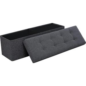 Ornavo Home Foldable Tufted Linen Large Storage Ottoman Bench Foot Rest Stool/Seat - 15" x 45" x 15" (Black)