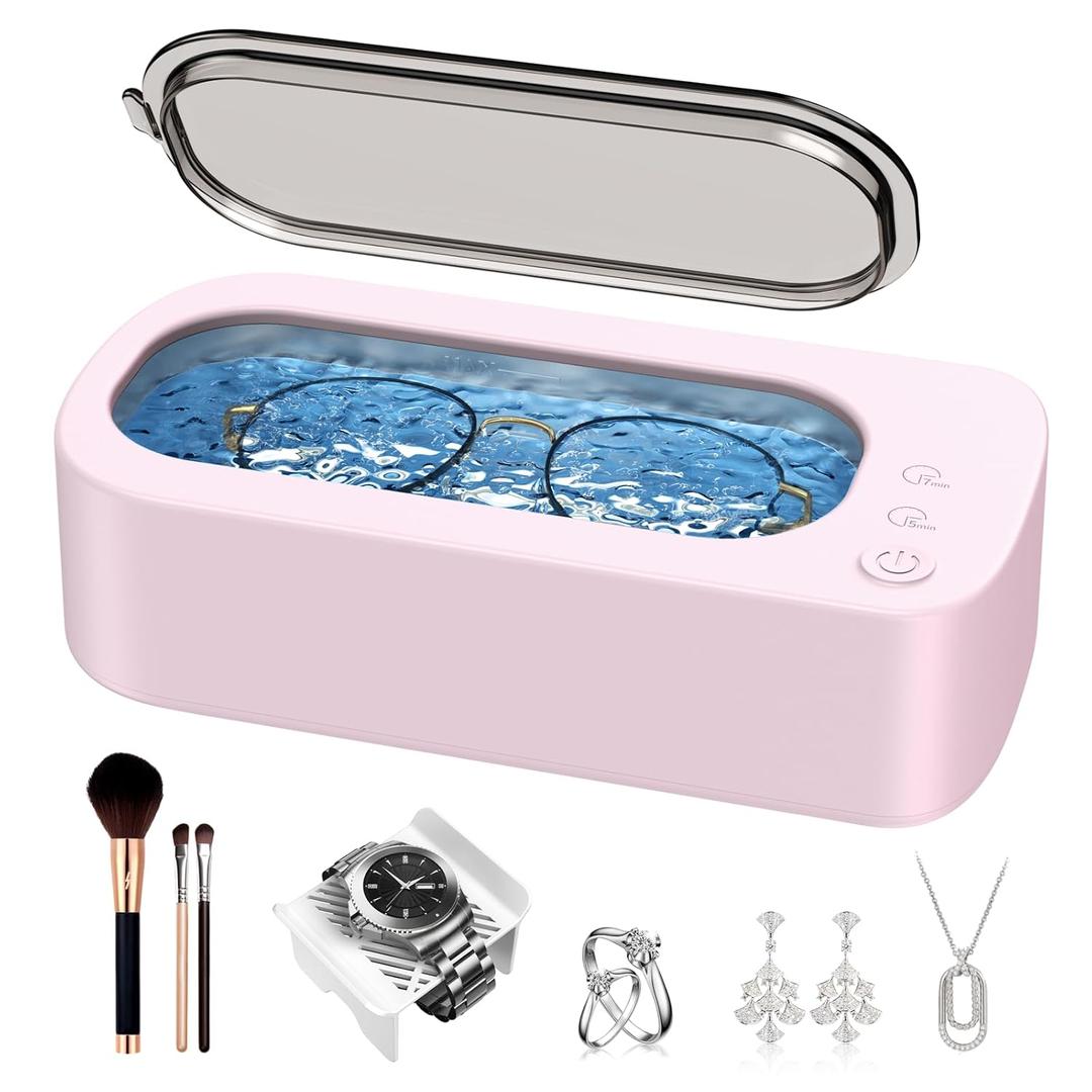 Ultrasonic Jewelry Cleaner Machine: 48KHz Ultra Sonic Cleaner for Jewelry,Eyeglass,Rings,Watch Band,Dentures,with Dual Cleaning Modes,350ML 304 Stainless Steel Tank,Gift for Wife,Mom,Daughter (Pink)