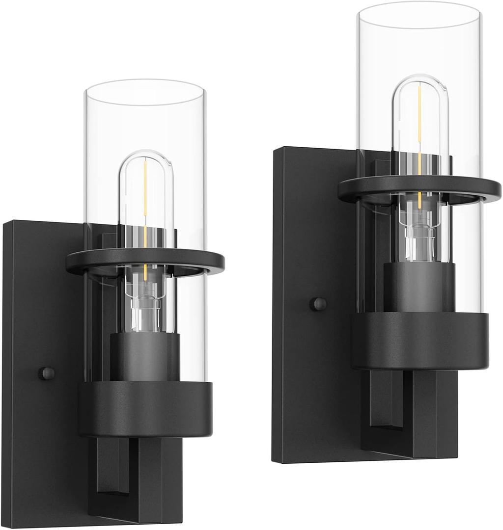 Tipace Black Hardwired Wall Sconces Set of 2,Modern Bathroom Vanity Sconces Wall Lighting with Clear Glass Shade,Farmhouse Wall Mount Lights for Mirror Bedroom Living Room Hallway Kitchen (2-Pack)