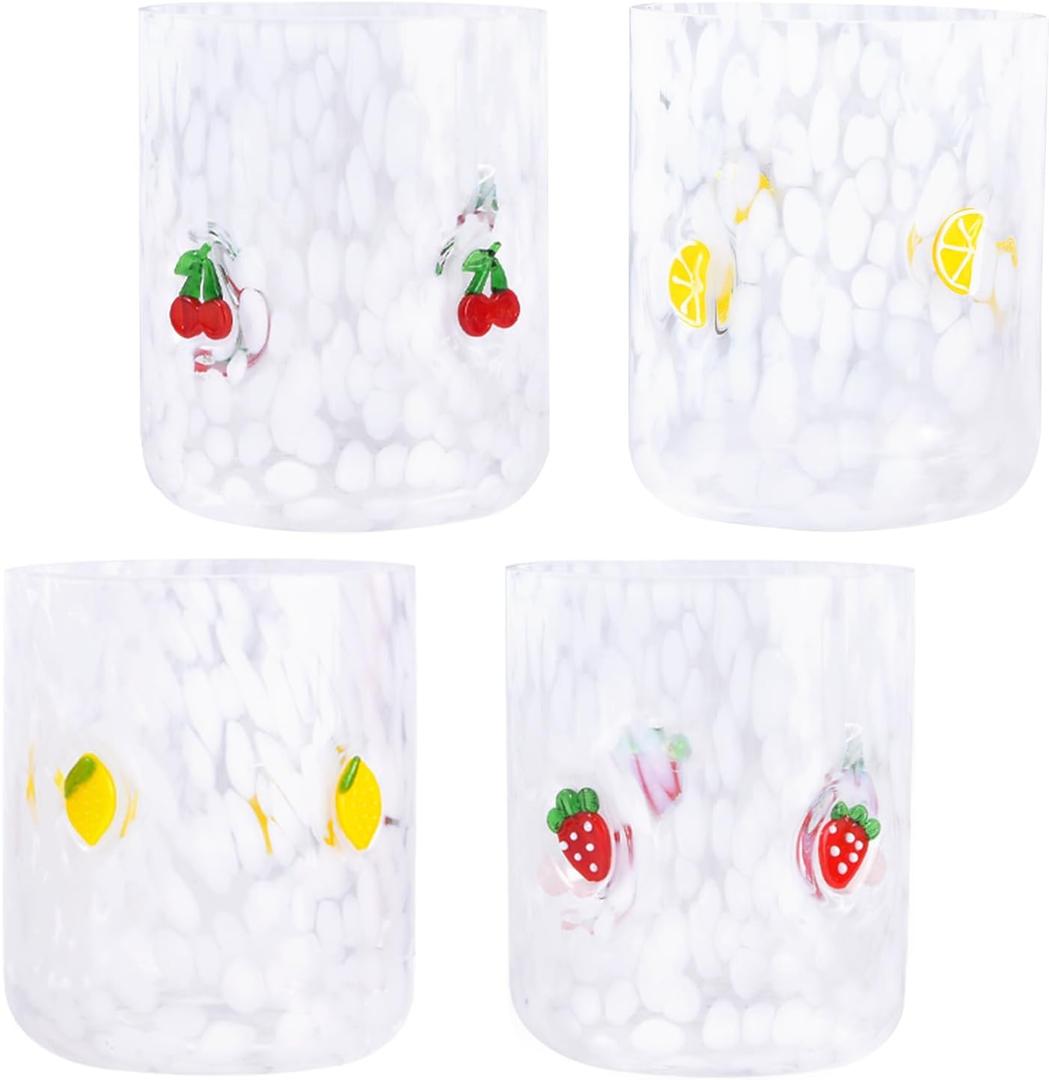 4 PCS 14 Ounce Icon Juice Glasses,Anthropology Glass Cups,Juice Drinking Cups,Four Patterns,Strong and Durable Glasses Are The Great Gifts for Friends!