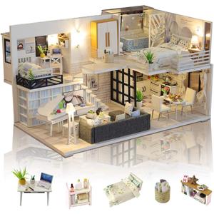 GuDoQi DIY Miniature Dollhouse Kit with Furniture, Tiny House kit 1:24 Scale, Need to Assemble Around 30 Hours, Great Handmade Crafts Gift for Birthday, Christmas, Life House(No Dust Cover)
