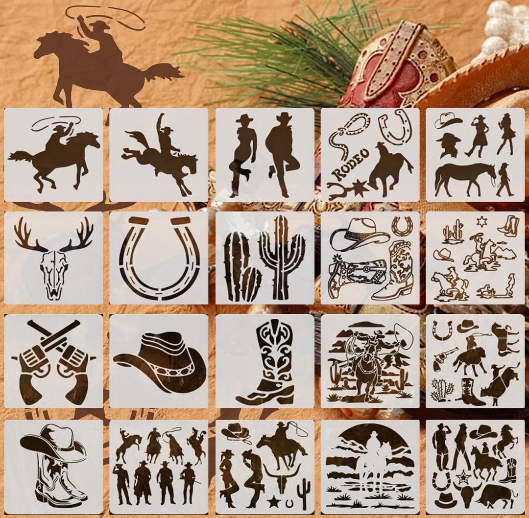 20-Pack Western Cowboy Stencils - 6x6 Inch Reusable PET Plastic Painting Templates for Wall Art, Wood, Fabric, Baking Decor, DIY Crafts & Scrapbooking (White)