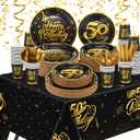 Yaomiao 146 Pcs 50th Birthday Party Decorations 50th Birthday Plates Disposable Tablecloth, Paper Cup, Plates Set for 24 Guests Women Men Party Supplies (Gold)