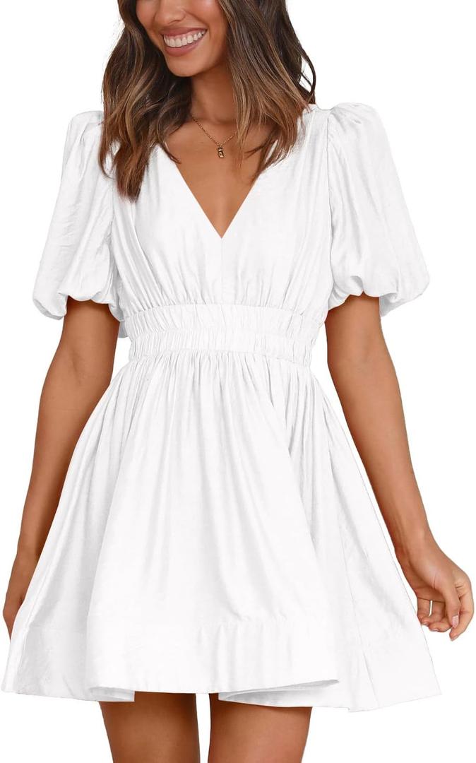 BWQ Women Mini Dress Short Puff Sleeve Sexy V Neck Dress A-line Elastic High Waisted Casual Flowy Summer Dresses (White)