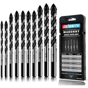 10-Piece Masonry Drill Bit Set for Concrete Tile Glass Ceramic Brick,1/8 to 1/2 Inch Drilling Bits with Triangle Handle, Tungsten Steel Alloy Tip.（Black）