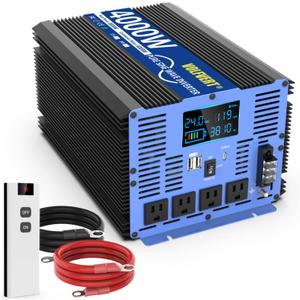 Pure Sine Wave Power Inverter - 4000W 24V DC to 110V/120V AC, 4 Sockets, Dual USB, Type-C, LCD Display, Remote Control for Home, RV, Solar, Car