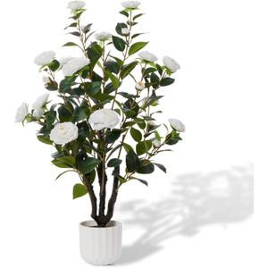 38'' Artificial Faux Camellia Tree Plants for Indoor Outdoor, Fake White Silk Camellia Tree Plants in Cement Pot for Home House Living Room Office Decor