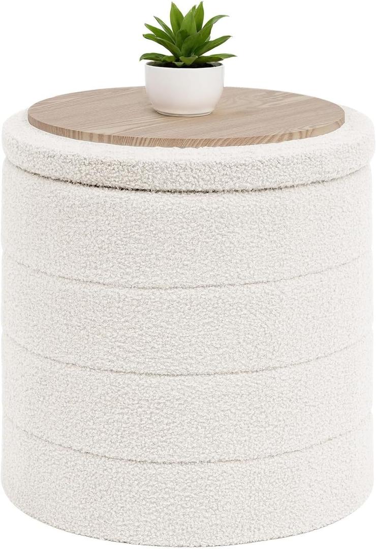 B FSOBEIIALEO Ottoman with Stroage, Round Sherpa Storage Ottoman Stool, Boucle Foot Rest 16.9"x16.9"x17.7"White