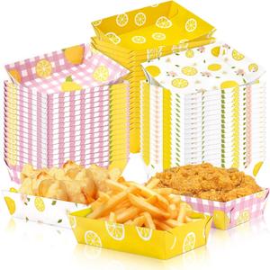 Geefuun 50Pcs Lemon Paper Food Trays Decor Disposable Serving Plates Pink Yellow Lemonade Summer Theme Party Birthday Baby Shower Picnic Supplies Bulk