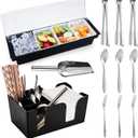 Tessco for you Garnish Tray with Lid Bar Caddy Ice Cooled Condiment Serving Container with Ice Scoop Metal Mini Serving Tongs Fruit Fork Spoons for Food Home Party Kitchen(Plastic,4 Grids)