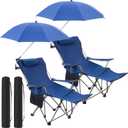 Yuntau 2 Set Reclining Beach Chairs with UPF 50+ Umbrellas, Upgraded Heavy Duty Portable Folding Lounge Camping Chair with Removable Footrest & Headrest for Outdoor Fishing Patio(Blue)