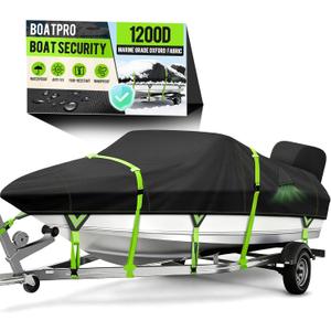 1200D Waterproof Boat Cover with Motor Cover, Solution-Dye Marine Canvas Trailerable Boat Cover 17-19ft for 17 feet 18ft 19' Foot V-Hull Bass Boat Tri-Hull Runabout Boat, Black