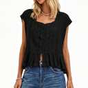 Women Y2k Semi Sheer Blouse Shirt Lace Trim Button Down Short Sleeve Round Neck Casual Going Out Tops Streetwear (Black, L)