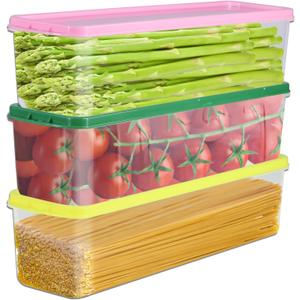 3Pcs Pasta Storage Container with Lid Ice Cream Container Airtight Plastic Spaghetti Food Storage Box for Refrigerator, Kitchen Pantry, 11.6" X 2.8" X 3" 