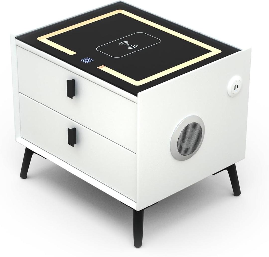 Nightstands with Wireless Charging Station, USB Port, 3 Color LED Lights and Speaker, Modern Wooden End Side Table for Bedroom, Dorm and Living Room, 2 Drawers (20"x16"x18", White-right)