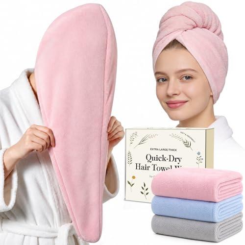 3 Pack Microfiber Hair Towel Wrap for Women, Large Fast Drying Hair Turban, Ultra Soft Thick Anti-Frizz, Double Stitched Edges & Stay in Place No Slip Design for Curly Long Wet Hair(Pink/Grey/Blue)
