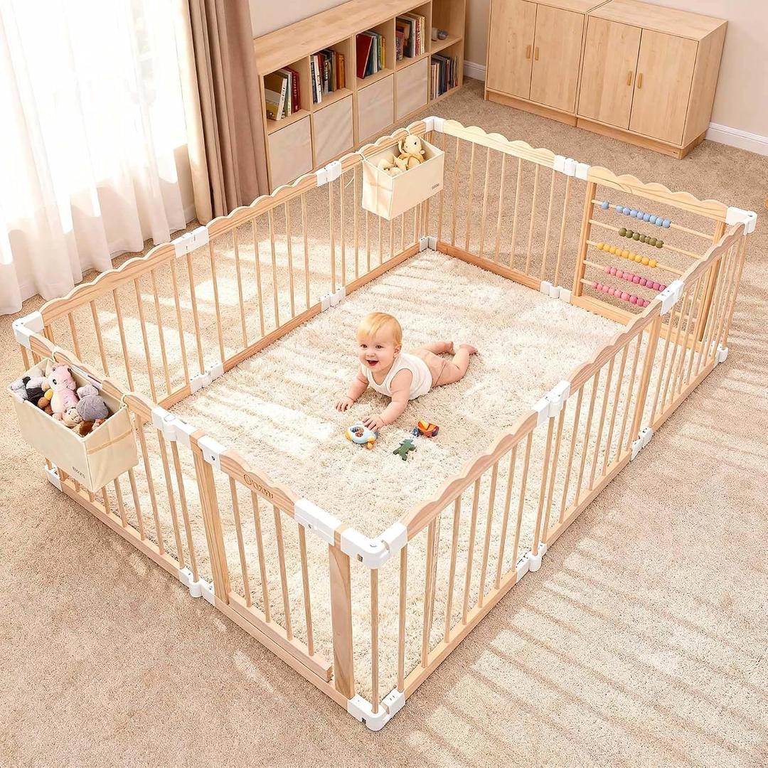 M MEEPO Foldable Wooden Baby Playpen, Adjustable Safety Playpen, 86x57x25in
Adjustable Shape & Size with 2-Pack Storage Bags, Nature Pine Wood, for Infant, Toddler, Safety Lock Door, Build in Toys