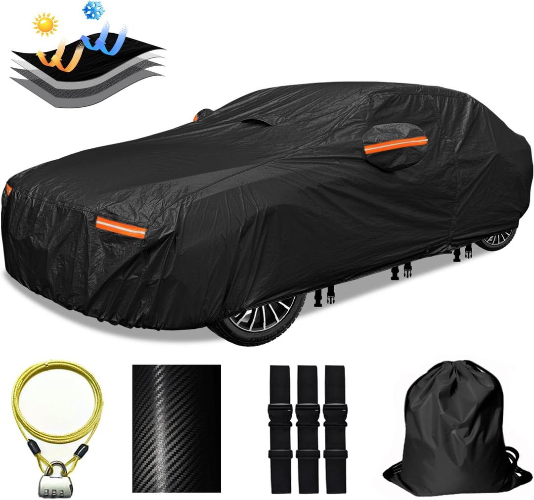 30 Layers Car Cover for Automobiles All Weather Waterproof, Outdoor Snowproof UV Protection Windproof, Door Zipper, Soft Cotton, Heavy Duty Universal Car Covers, (Black, Fit Sedans 171"-180")