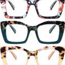 REAVEE Oversized Square Reading Glasses Oprah Style for Women, Blue Light Blocking Large Frame Computer Readers Spring Hinge Color: Flower/Blue/Green