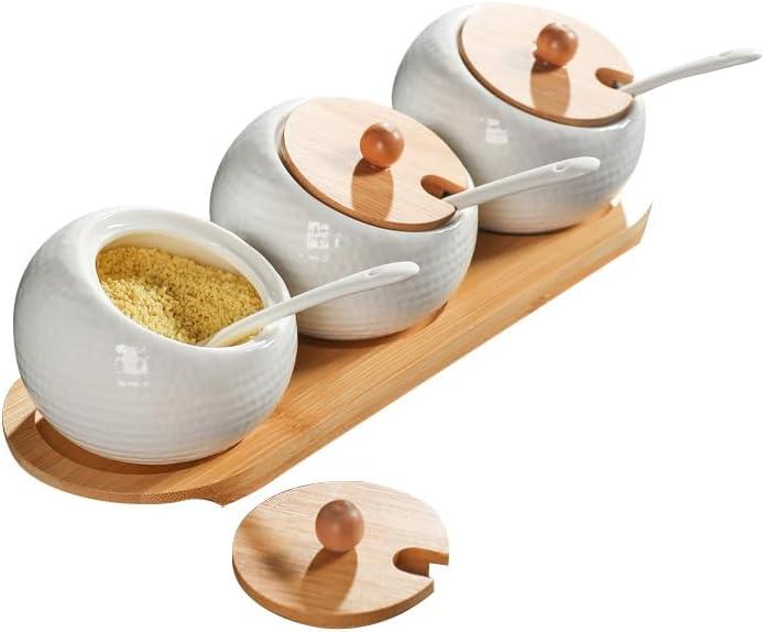 Ceramic Seasoning Container Spice Jar, Home Kitchen Seasoning Box Food Storage Container with Bamboo Lid and Bamboo Tray, Ceramic Spoon 200 ml (7 oz), Set of 3 Bottles, Suitable for Kitchen