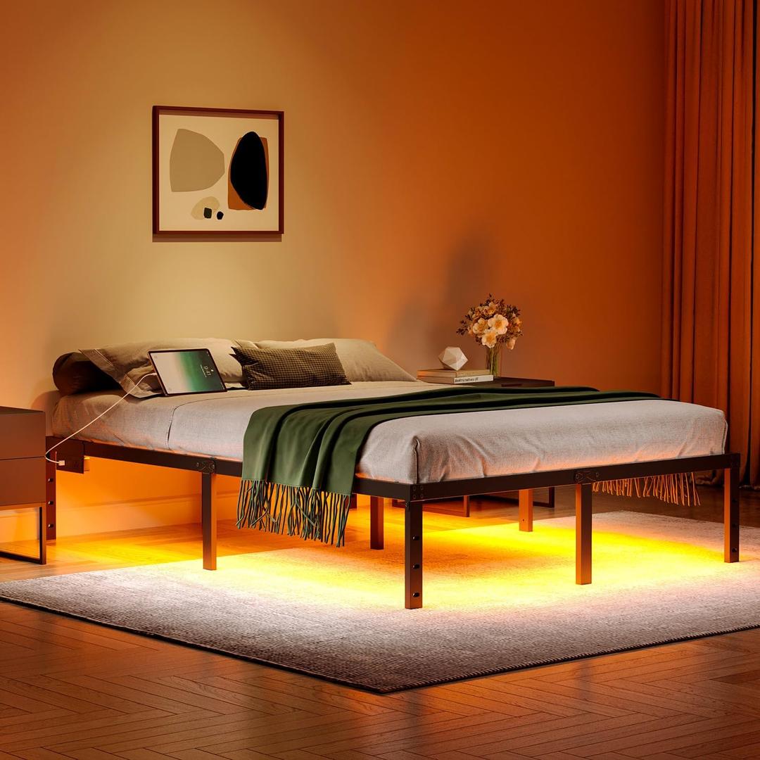 Full Size Bed Frame with LED Lights & Charging Station - 14 Inch Heavy Duty Metal Platform Bed Frame No Box Spring Needed, Easy Assembly, No Noise