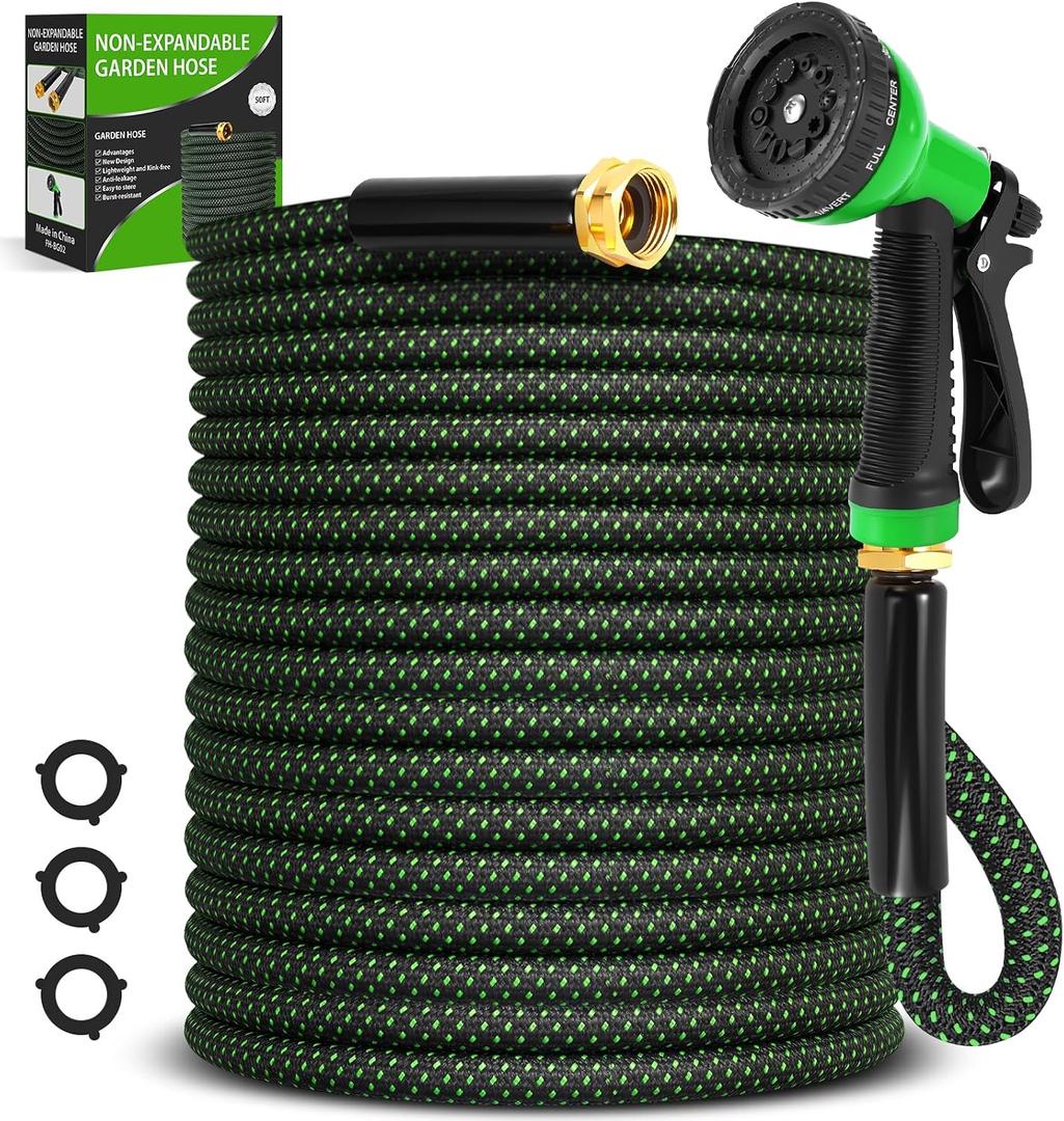 Garden Hose 50ft, Non-Expanding Flexible Hose with 10 Function Nozzle, Lightweight, Kink Free, Sturdy, Leak-Proof, Portable, Water Hose 50ft for Outdoor, Yard, Lawn, Car Wash and Camper Use