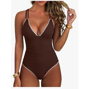 ANRABESS Women One Piece Swimsuits Tummy Control Slimming Bathing Suit Push Up V Neck Swimwear 2026 Beach Vacation Clothes, Size L