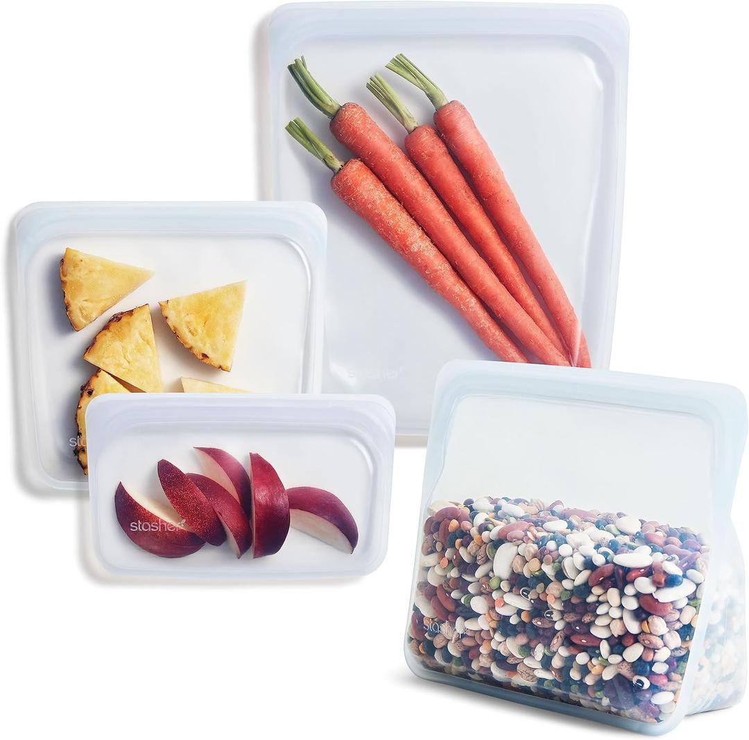 Stasher Silicone Reusable Storage Bags, 4-Pack, Reusable Freezer Bags, Microwave, Dishwasher, Oven Safe, Sous Vide, Premium Lunch Containers, Eco Friendly, Food-safe Silicone Snack Bag, Clear | Reusable Food Bags