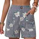 EXLURA Women's Summer Cute Striped Shorts Comfy Cotton Elastic Waist Floral Shorts Casual Boho Beach Short Pants with Pockets (White, L)