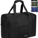 Foldable Travel Duffle Bag with Trolley Sleeve 40L - 18x14x8 inches Airline Underseat Lightweight Travel Bag - Packable Ripstop Nylon Carry on Bag (Black)