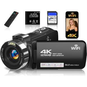Camcorder,FHD 4K Video Camera,56 MP WiFi Vlogging Cameras for YouTube with IR Night Vision,18X Digital Zoom 3.0''Touch Screen Digital Camera with 64GB Card,Remote Control,Webcam and Battery,Black