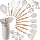 HaWare Kitchen Cooking Utensils Set, 23-Piece Silicone Kitchen Utensils Spatula Set with Holder, Heat Resistant Wooden Handle Kitchen Gadget for Nonstick Cookware, Food-grade Turner Spoon Sets (Khaki)