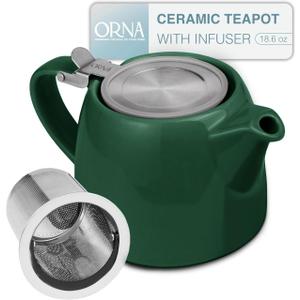 ORNA Ceramic Teapot with Tea Infuser – Small Tea Pot for Loose Leaf Tea – 550ml / 18.6 Oz Porcelain Non-Stove Teapot for 2 Cups with Tea Strainer (Green)