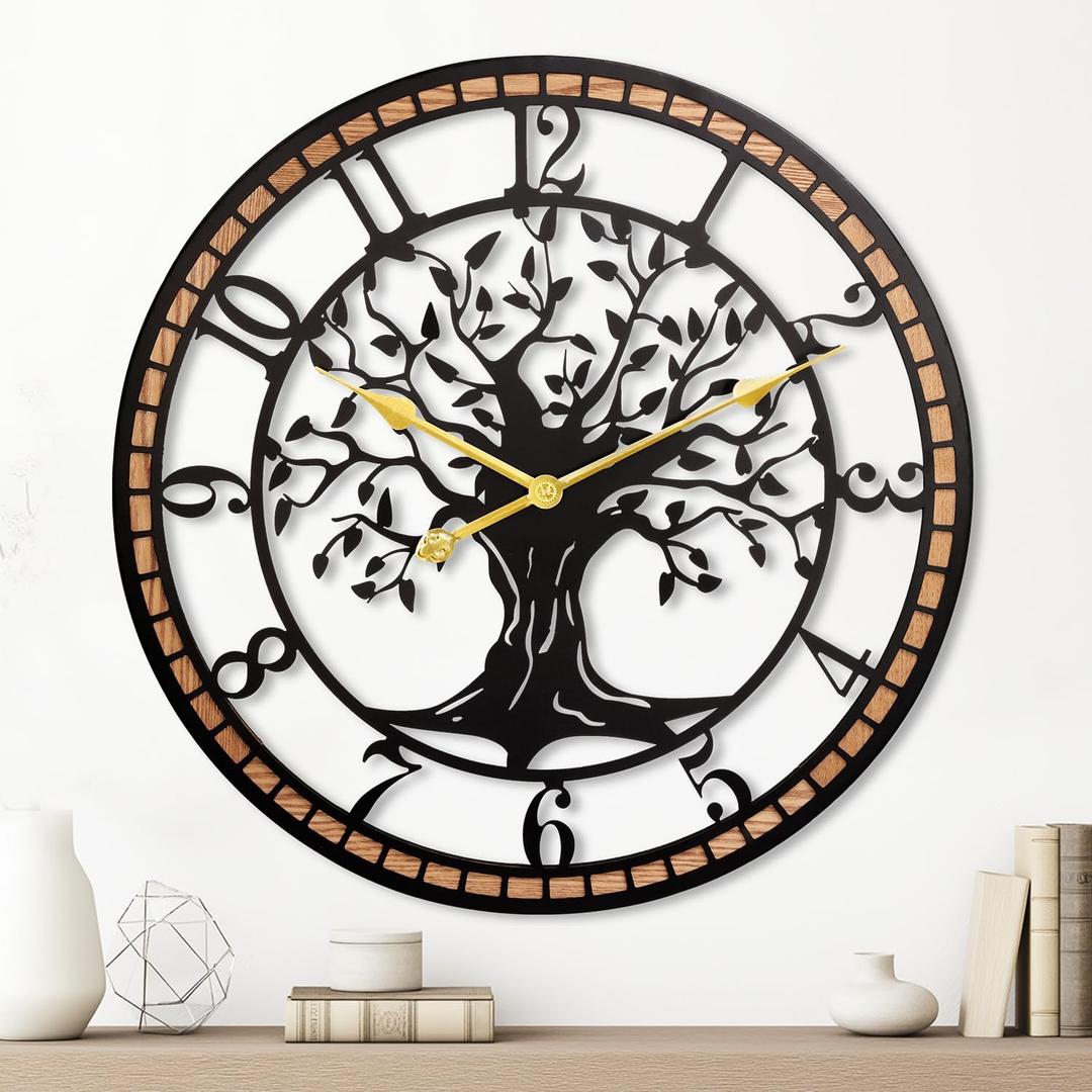 Wall Clock,24" Large Wall Clock for Living Room Decor,Tree of Life and Wooden Frame Design,Non-Ticking Battery Operated,for Dining Room,Bedroom,Kitchen,Office Arabic Decoration