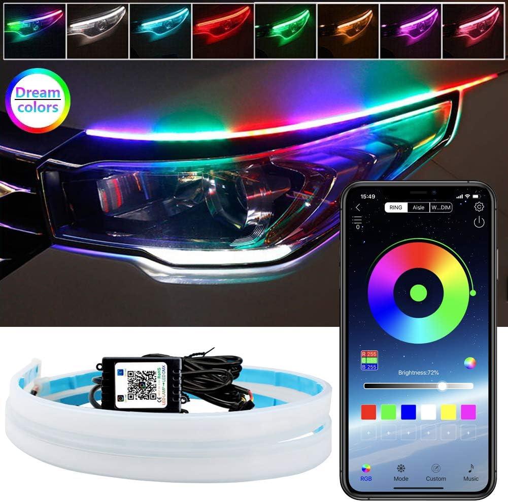 Car Headlight LED Strips, LEDCARE 24 Inch Exterior Car Lights with Dreamcolor Chasing, Flexible Waterproof LED Daytime Running Light Strip with Wireless APP Control, 2-Pack