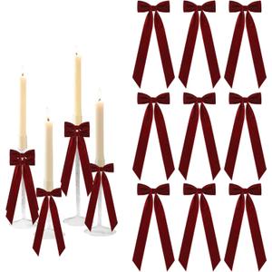 Meseey 12 Pcs Burgundy Candlestick Decoration Bows Candle Holder with 5X13.5 Inch Decorative Velvet Bows for Bridal Showers, Birthdays Centerpieces Table Decor(Burgundy)