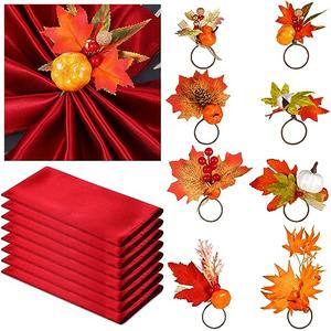 Suttmin 8 Sets Fall Thanksgiving Napkin Ring Holders and Fall Cloth Napkins Reusable Pumpkin Maple Leaf Napkin Ring with Autumn Cloth Napkins for Dinner Party Table Decoration(Pine Cone)