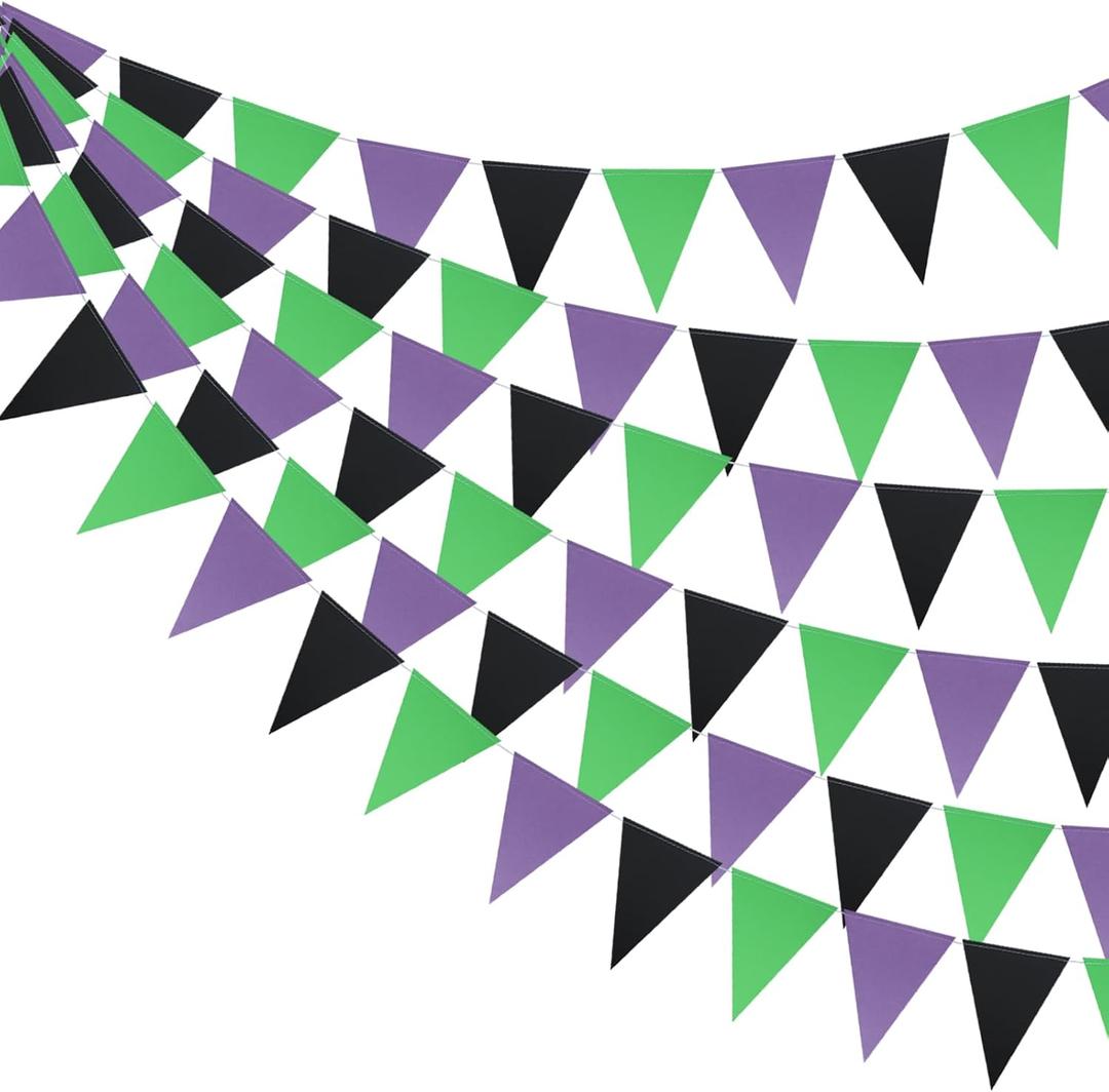 Guzon 3 Pack Purple Black Green Party Decorations Halloween Pennant Banner Glitter Pennant Banner Paper Triangle Flags Bunting Hanging Decoration for Party Supplies