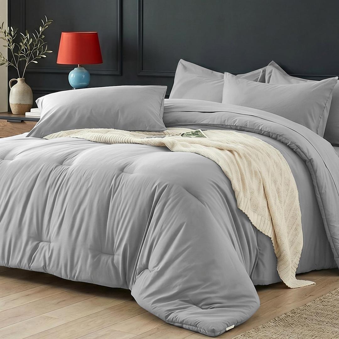 Easthome Queen Comforter Set 7 Piece - Bed in a Bag Queen Size Comforter Sets, Soft Cozy Bedding Sets with All Season Comforter, Flat Sheet, Fitted Sheet,2 Pillowcases & 2 Shams, Light Gray