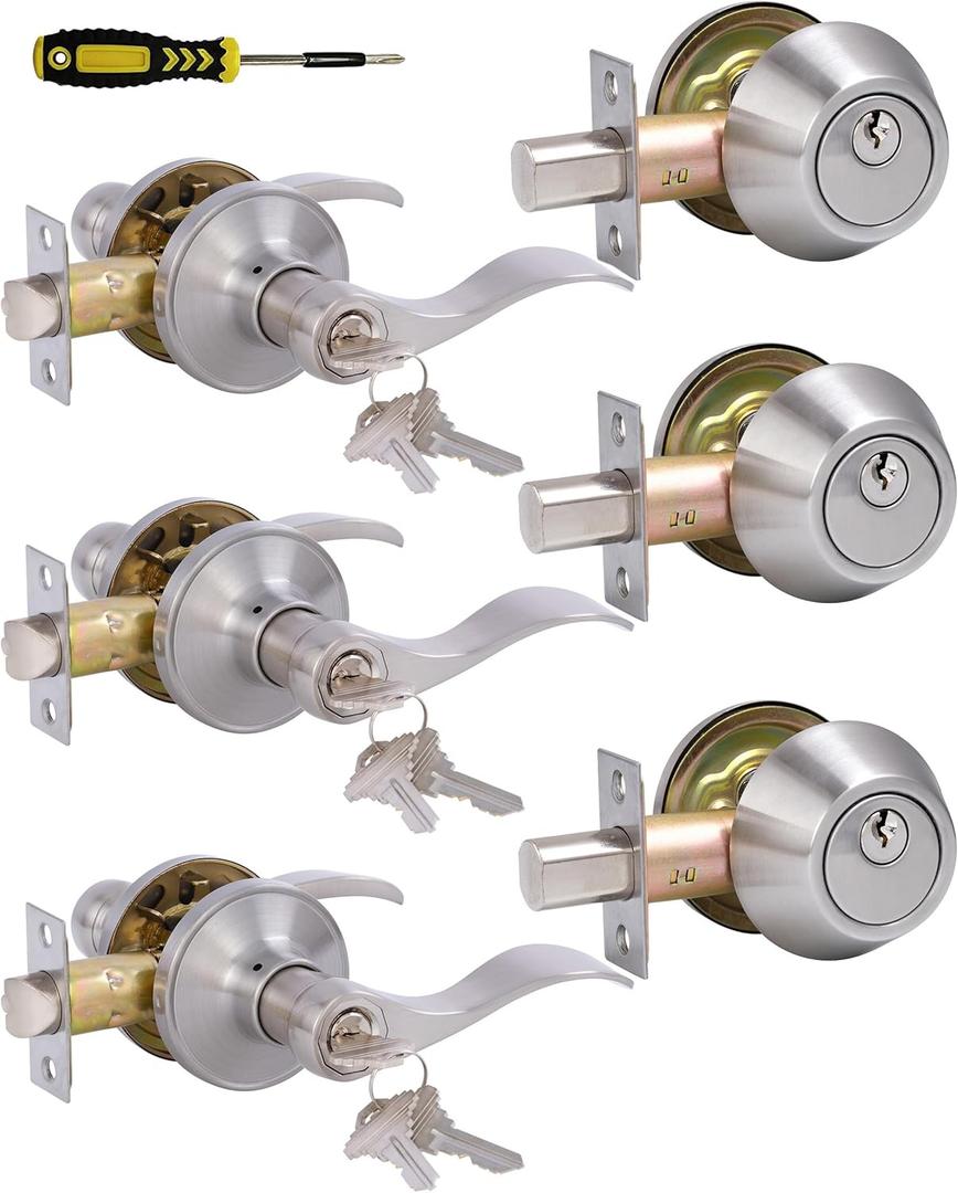 Lanwandeng (3 Pack) Entry Levers Wave Style with Deadbolt Set, Exterior/Interior Satin Nickel Keyed Door Handles with Lock,Interior Door Locksets for Bath/Bedroom