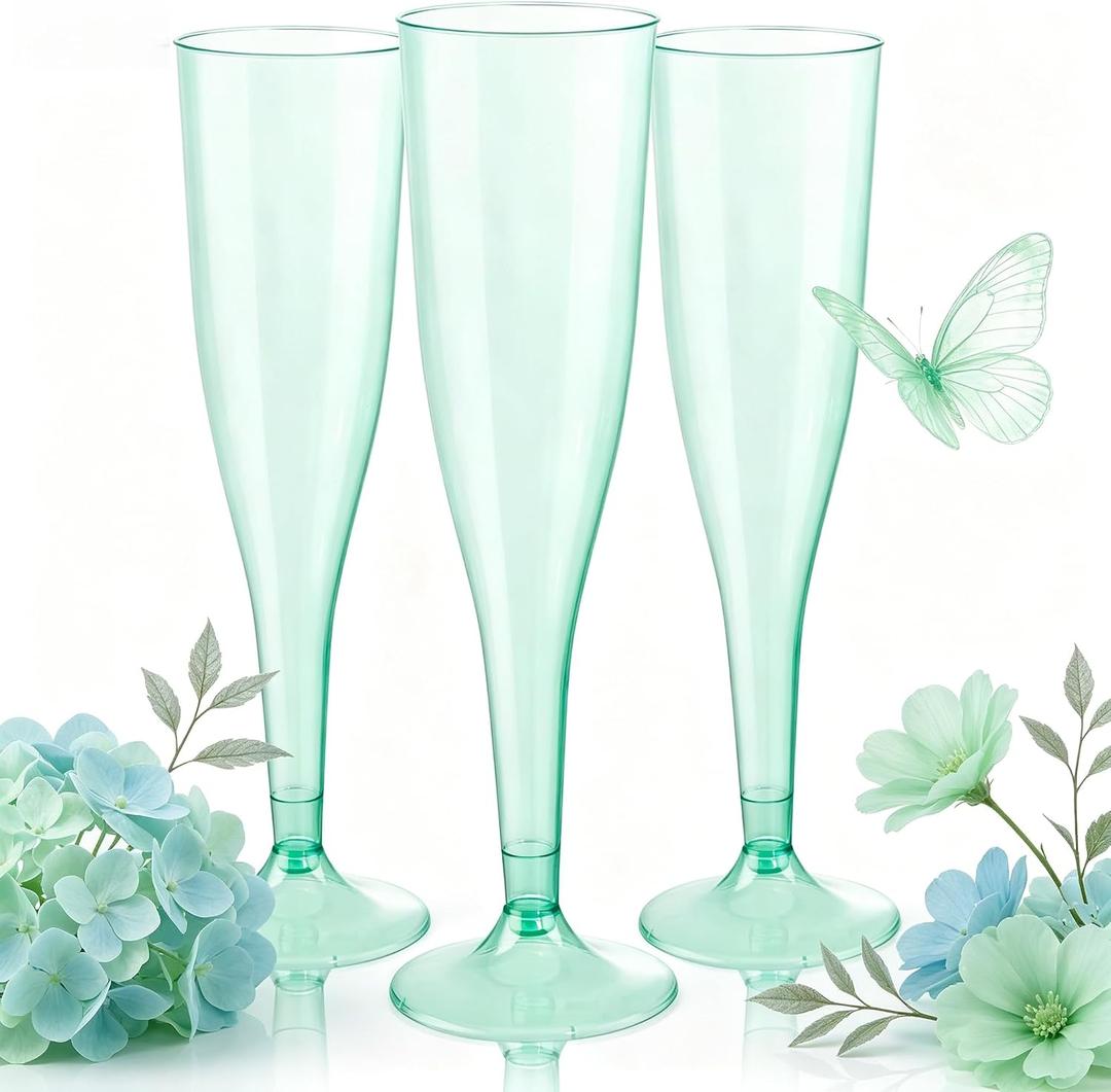 WDF 36 Pack Clear Green Plastic Champagne Flutes - 7OZ Green Champagne Flutes Plastic Champagne Glasses Disposable for Party/Wedding/Spring