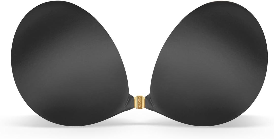 Niidor Adhesive Bra Strapless Sticky Invisible Push up Silicone Bra for Backless Dress with Reusable Nipple Covers (Magnetic Clasp Style- Glossy Black)