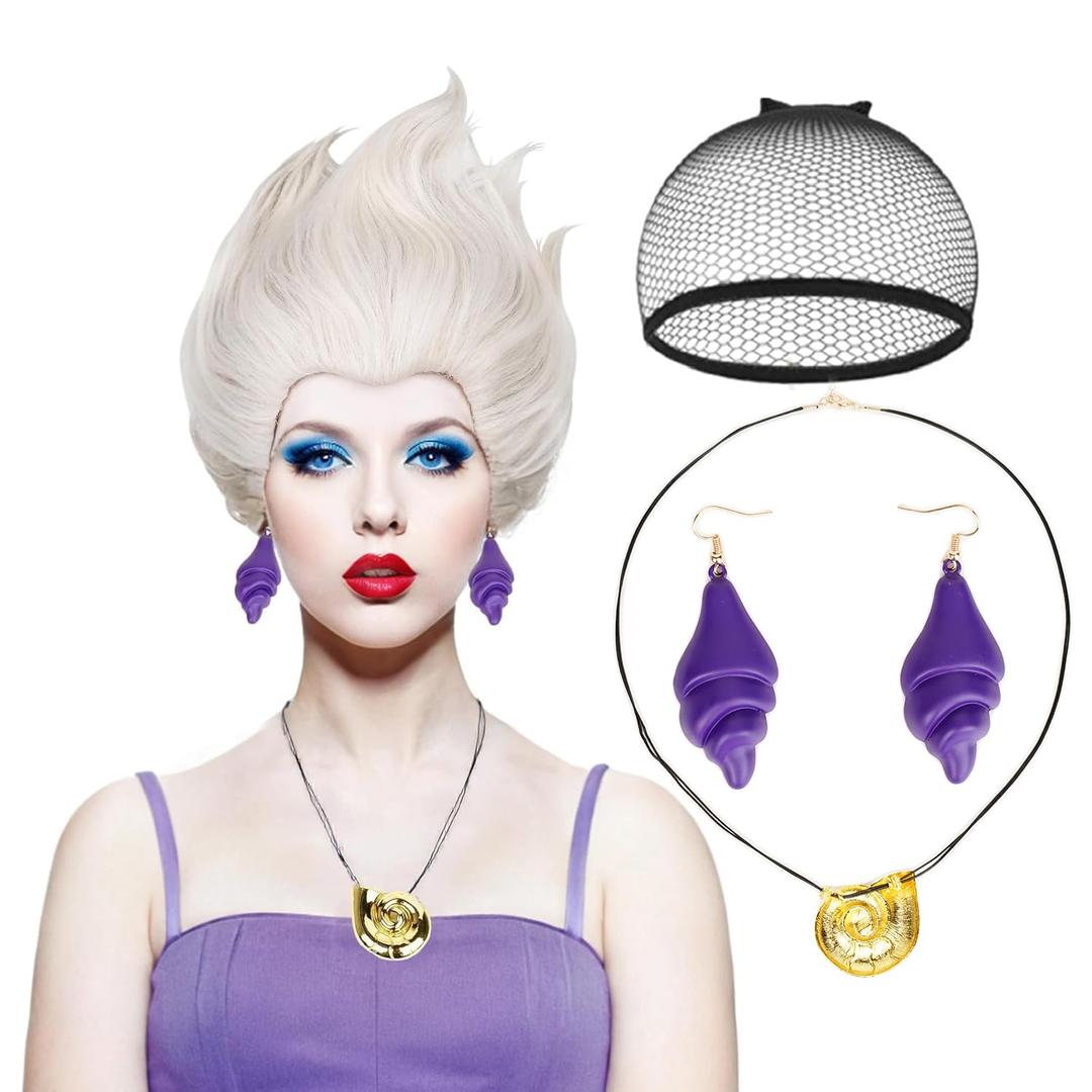 Sea Witch Wig with Shell Necklace & Earrings for Women, Short Silver White Grey Layered Wig + Cap, Halloween Wicked Undersea Witch Cosplay Costume