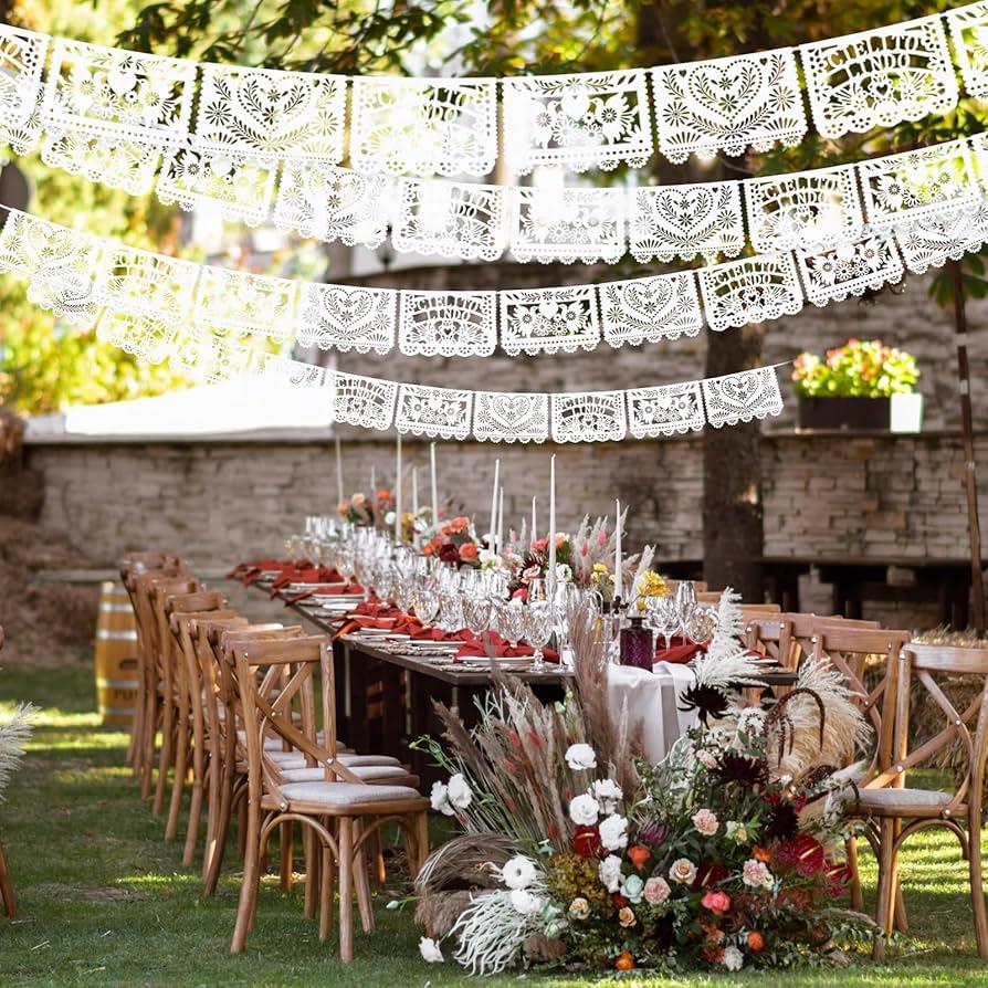Papel Picado Banner Garland, Mexican Party Decorations for Day of The Dead, Indoor Outdoor Hanging Decor (White Light Brown)
