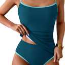 Eomenie Women's Tankini Swimsuits Two Piece Tummy Control Bathing Suit Color Block Slim Swimwear with High Waisted Bottom (Blue, S)