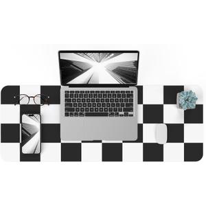 Non-Slip Checkered Desk Mat, Waterproof PU Leather Protector, Large Blotter, Easy Clean Laptop Writing Mat for Work/Home/Decor (31.5"x12", White Black)