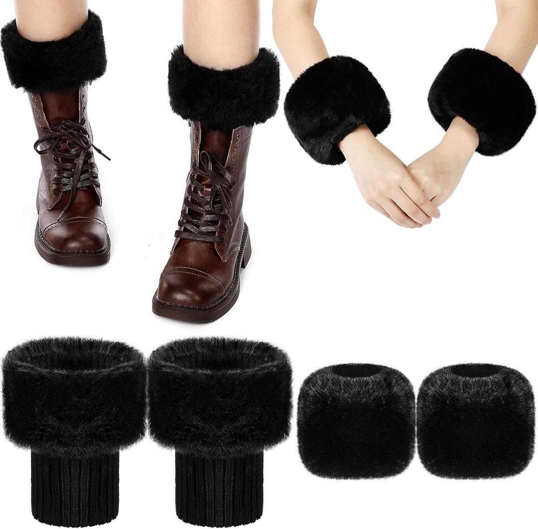 SATINIOR Women's Winter Faux Fur Fuzzy Wrist Cuffs Warmers and Boot Cuffs Knitting Fluffy Leg Warmers for Women Girls (Black)