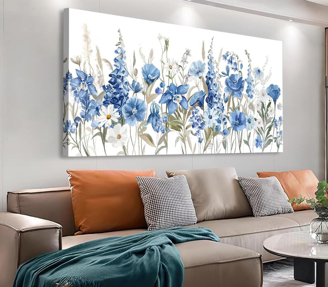 tigeridge Blue Floral Canvas Wall Art - Vibrant Blue White Iris and Daisy Pictures Wall Decor Flower Painting Artwork Elegant Botanical Prints Living Room Bedroom Home Decor Ready to Hang 40 x 20in