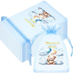 Threlaco 100 Pcs Organza Bags for Baby Shower Party Favor 4 x 6 Inch, Thank You Gift Bags Small Sheer Drawstring Mesh Pouch for Baby Shower Party Favor(Blue)