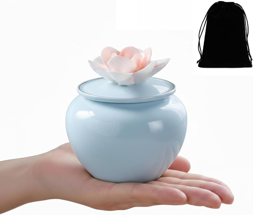 Adult Keepsake Urn for Ashes, 3 Inch Small Ceramic Memorial Urn with Sculpted Flower Lid, Handcrafted Decorative Urn for Women, Sympathy Remembrance Gift (Magnolia-Inspired Flower Lid)
